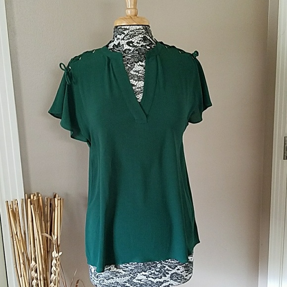 Michael Kors Tops - Michael Kors emerald green top w/lace up sleeves